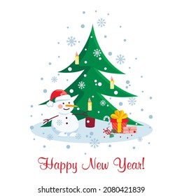 Postcard with a snowman and a Christmas tree.