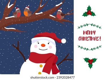 Postcard with snowman, tree and birds. Chrismas story. New Year and winter. Flat vector illustration. For packaging, cards, greetings and invitations, web pages and social networks.