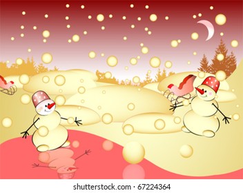 Postcard with snowman , vector. Winter landscape background
