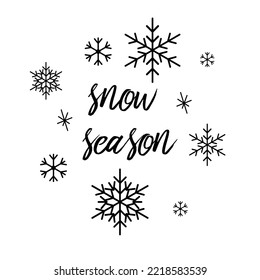 Postcard snowy season snowflake. Vector drawing on a white isolated background. Illustration in flat, cartoon style.