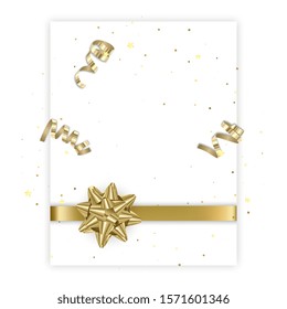 Postcard with space for text decorated with gold bow, greeting card for Valentine or wedding day greetings, vector eps 10 format