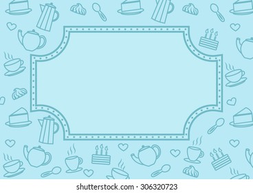Postcard with space for text: a hand-painted tea, coffee, sweets, plates and heart