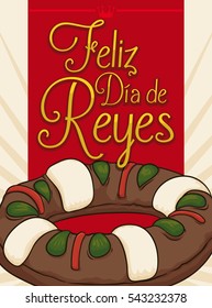 Postcard in Spanish wishing you "Feliz Dia de Reyes" (Happy Three Kings' Day or Epiphany, in English) with delicious Kings' Cake.