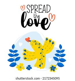 Postcard Spread love. Decorative blue-yellow bird with red heart in its beak on background of flowers. Vertical postcard. Vector illustration for decor, design, print, covers and postcards, valentine