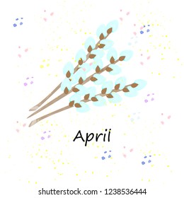 postcard, sprigs of willow with the caption "April", watercolor