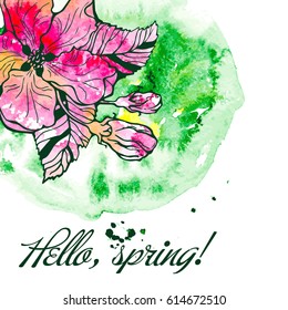Postcard with spring flowers of apple tree, hand drawing. Vector illustration