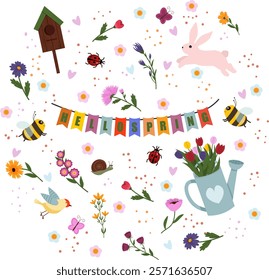 postcard with spring flowers and attributes of spring. Spring is already here. Watering can with a bouquet of tulips. Flowers, rabbit and birds, birdhouse and birds, bees. Multicolored flags. Vector