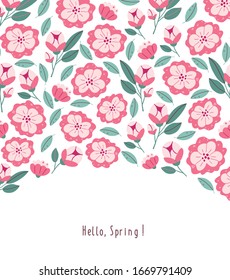 Postcard with spring flowers, herbs, leaves isolated on white background. Spring background in cartoon hand drawn style. Minimalistic flowers in bloom, lettering. Perfect for textile, fabric, postcard