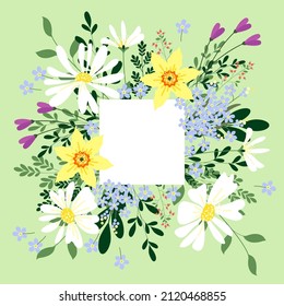 postal con flores silvestres primaverales y un lugar para el texto. flores lindas en un estilo ingenuo. postal con flores por felicitar a las mujeres el 8 de marzo. ilustración vectorial de stock. EPS 10.