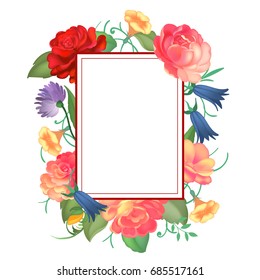 Postcard with a square frame of roses. Vector illustration
