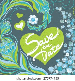 Postcard, square postal card, invitation for wedding day with abstract floral background and hearts in vivid green, cyan and turquoise colors and handwritten lettering text "Save the date" words.