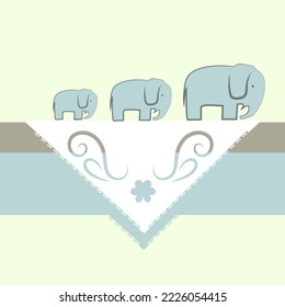 The postcard is square, three gray elephants stand on a white napkin with a pattern on the shelf. tricolor pastel pattern