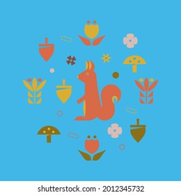 Postcard with a squirrel on a background of flowers, leaves, acorns, mushrooms. The concept of ecology and protection of nature. Vector illustration. Flat design..