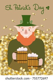 Postcard St. Patrick's Day leprechaun gold money beer vector