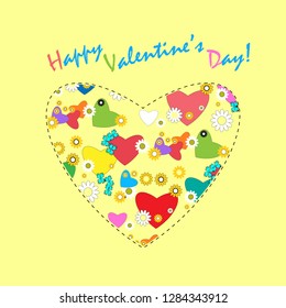 Postcard to the St. Valentine's Day. Multicolored ornamented heart with black stitching on a yellow background. Vector illustration