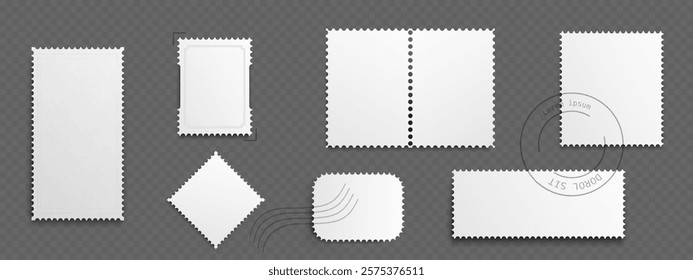 Postcard stamp frame collection with blank white shapes - rectangular vertical and horizontal, square templates with perforated edges, postal marks and seals. Mockup designs for mail communication.