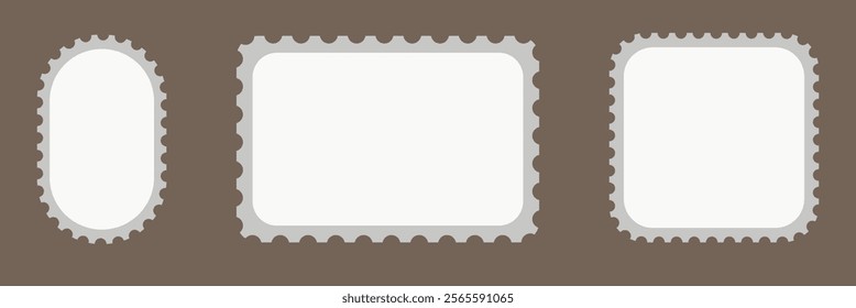 Postcard stamp frames. Blank postage stamps, empty postmark and square mark frame border set. Clean postal stickers collection.