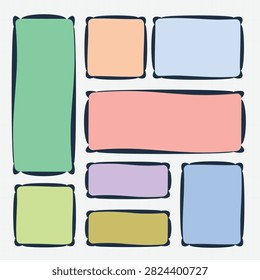 Postcard stamp frames. Blank postage mail stickers, empty rectangular paper envelope post borders with postmark, philately design elements. 