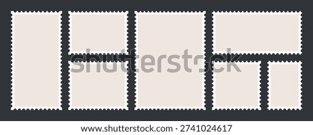 Postcard stamp frames. Blank postage mail stickers, empty rectangular paper envelope post borders with postmark, philately design elements. Vector collection.
