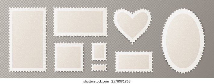 Postcard stamp frames collection in various shapes - heart, oval, square and rectangles. White perforated borders with shadows on transparent background. Vintage mail and scrapbooking design elements.