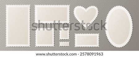 Postcard stamp frames collection in various shapes - heart, oval, square and rectangles. White perforated borders with shadows on transparent background. Vintage mail and scrapbooking design elements.
