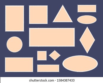 Postcard stamp frames. Postage stamps border, empty paper postcards and mail office stamp frames, philatelic cards vector isolated icon set. Blank envelope postal square, triangle stickers collection