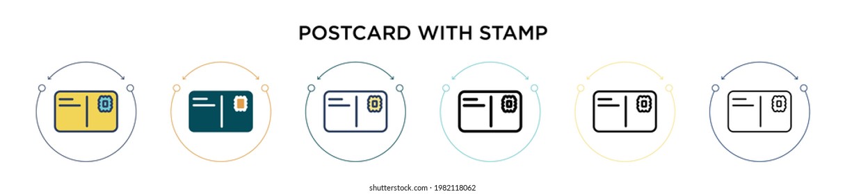 Postcard with stamp icon in filled, thin line, outline and stroke style. Vector illustration of two colored and black postcard with stamp vector icons designs can be used for mobile, ui, web
