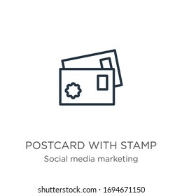 Postcard with stamp icon. Thin linear postcard with stamp outline icon isolated on white background from social collection. Line vector sign, symbol for web and mobile
