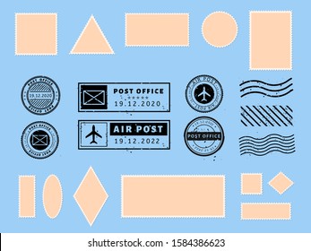 Postcard stamp. Paper postcards and air boarder stamp frames, passport visa international arrived stamps and philatelic postcards template vector illustration set. Blank mailing labels. Post marks
