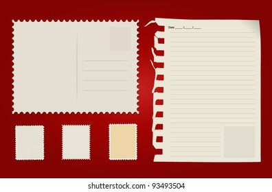 Postcard, stamp set and paper. Vector Illustration.