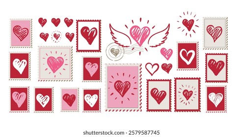 Postcard, stamps, mail with Heart hand drawn. Valentines day.