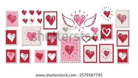 Postcard, stamps, mail with Heart hand drawn. Valentines day.