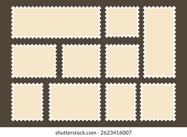 Postcard stamps template set. Blank postage stamps. Jagged wavy edge forms border collection