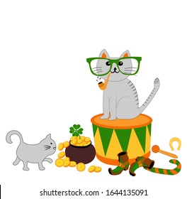 Postcard St.Patrick day, cute cats vector illustration 