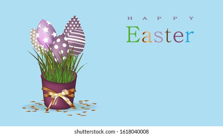 postcard with stulpanov. Easter greeting design. Fabric flowers. Happy easter. Blue background. Bouquet