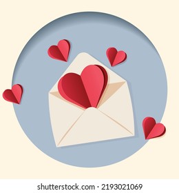 Postcard in the style of cut paper with an envelope and hearts. Vector illustration for creating a romantic mood