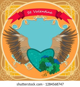 Postcard in the style of a tattoo. A stylized heart with wings, a bouquet of flowers and a red ribbon with an inscription Saint Valentine on a blue background in an elegant vintage frame. Vector 