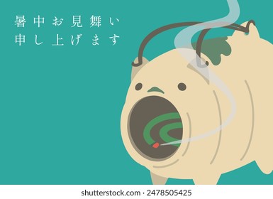 Postcard of a summer greeting card decorated with pig-shaped mosquito coil holder Translation: shochuomimaimoshiagemasu (sending you summer heat salutations)