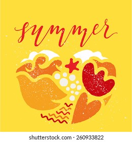 Postcard summer. Illustration. Figure. warm gamma. Yellow background.