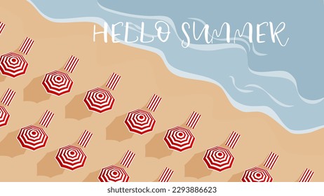 A postcard with a summer landscape. A beach with red and white umbrellas and sunbeds. Hello summer