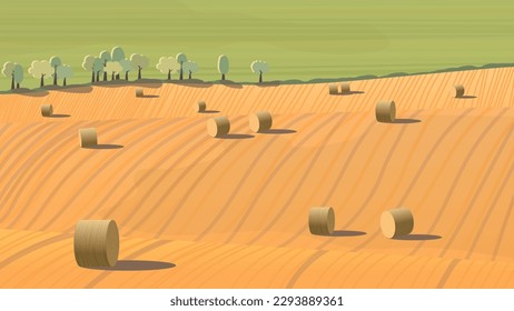 A postcard with a summer landscape. Mown field with straw bales. Farming