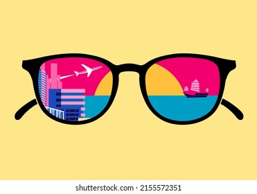 postcard summer trip to watch the sunset through sunglasses