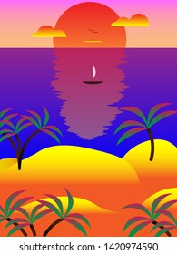Postcard sunset on a distant island in the sea. With a boat, flying birds and palm trees.
