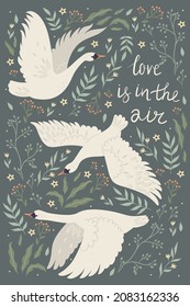 Postcard with swans and plants and the inscription love in the air. Vector graphics.