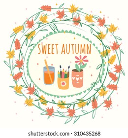 postcard sweet autumn, autumn still life. wreath of plants