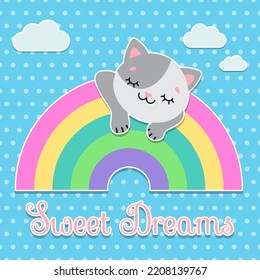 Postcard Sweet dreams. the cat sleeps on the rainbow. Pastel palette. cute simple flat vector
illustration..