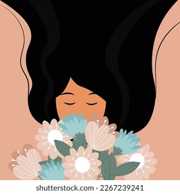 Postcard with a sweet girl and a bouquet of flowers, hair up. Vector illustration.