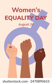 Postcard with a symbol of feminism, a clenched fist raised up by women with different skin colors. Mirror of Venus. National Women's Equality Day, USA. Flat vector illustration EPS10