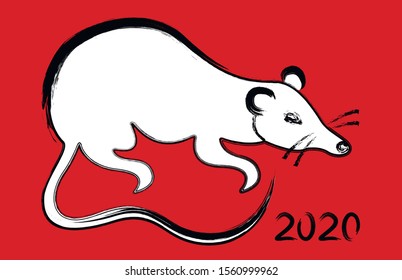 A postcard with the symbol of the New Year 2020, a rat in calligraphic style on the red background