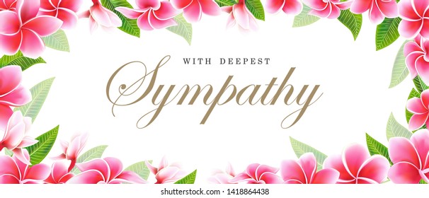 Postcard sympathy floral pink frangipani or plumeria bouquet with green leaves and golden lettering vector template. Perfect for invitations, wedding, greeting cards, quotes, blogs